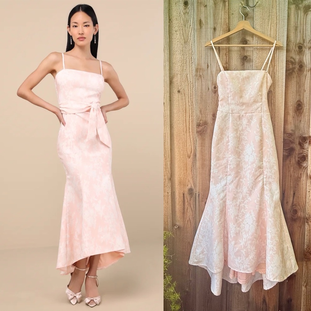 Blush Pink Floral Jacquard High-Low Mermaid Midi Dress 🌿